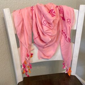 Salmon colored fashion scarf with beautiful pink embroidery